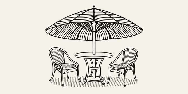 A sketch of a cafe table and chairs under a large parasol