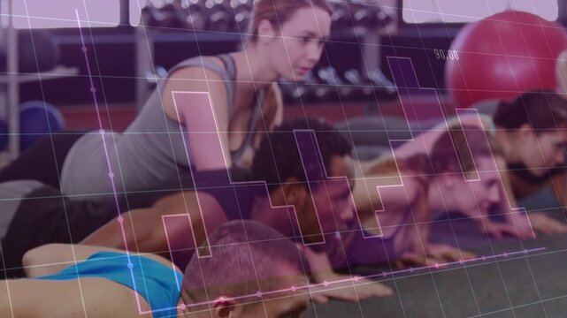Fitness group holding plank then lowering and pushing up while HUD timer appearing, pacing
