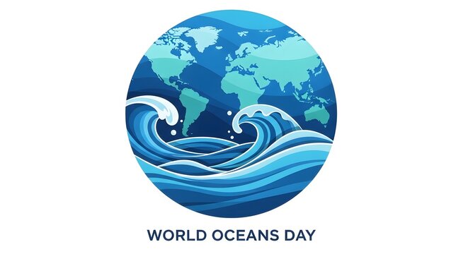 World oceans day illustration waves mountains and a globe