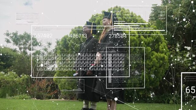 Two graduates with diplomas talking on lawn, gestures sparking HUD animating graduation