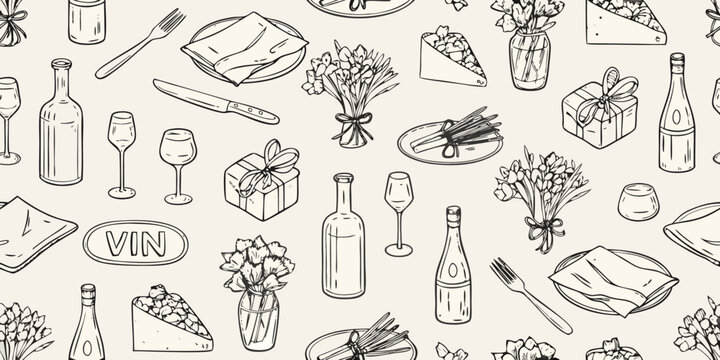 A seamless pattern featuring picnic elements like flowers food and drink