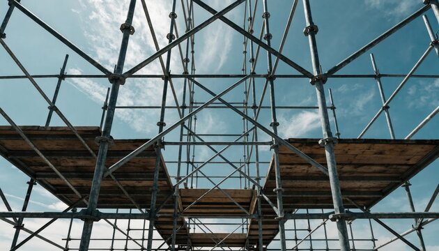 Metal Scaffolding Rising into a Cloudy Sky &ndash; Industrial Progress Concept
