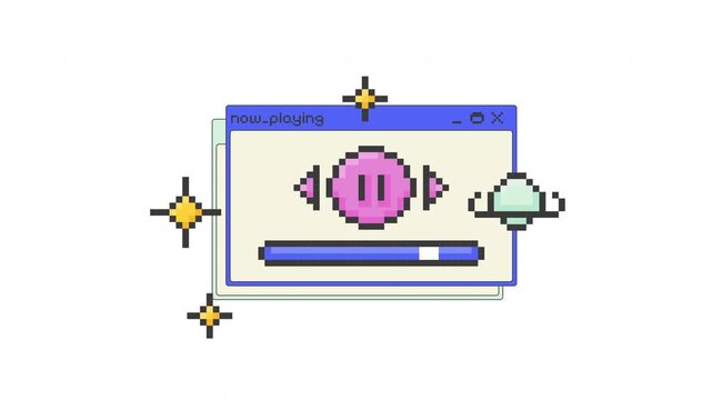 Sparkle cosmic music player pixel art pop-up windows UI overlay animation. Planet twinkle audio playback. Play and pause controls. Blocky interface element motion. Retro 8bit UX design 4K video