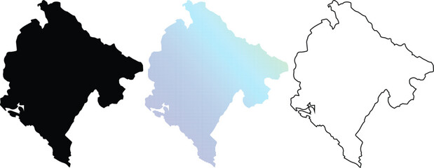 Obraz premium Map of Montenegro set featuring a solid black silhouette, a blue dotted pixel gradient version, and a simple black outline for geographic and travel design projects.