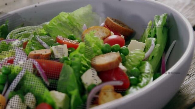 Vertical video: Overlay appearing cam moving in showing salad bowl on rustic table, showing texture