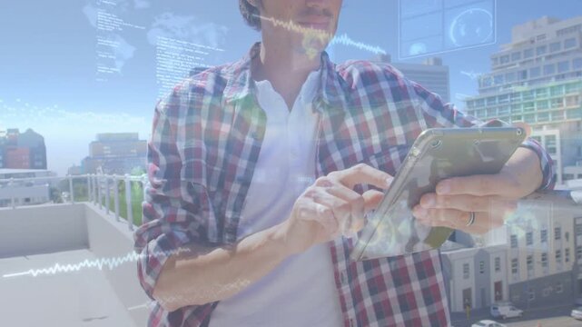 Man tapping tablet on rooftop, activating AR data overlays for tech analysis, camera pulling back