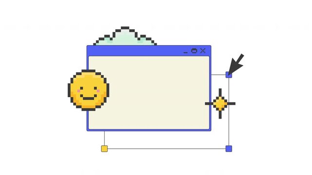 Playful customizable blank pixel art pop-up window UI overlay animation. Computer empty dialog box with adjustable nodes. Design tools. Blocky interface element motion. Retro 8bit UX design 4K video