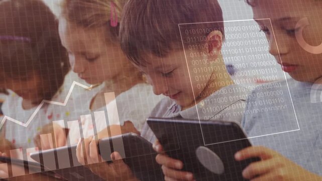 Students tapping tablets, HUD charts and graphs growing and showing class data for learning