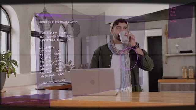 Man sipping mug and raising purple UI panels forming quarterly metrics using selector locking them