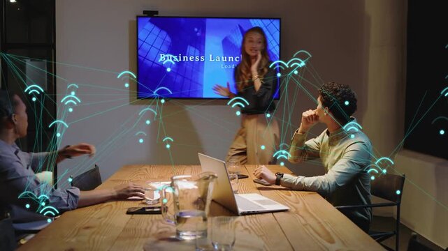 Woman presenting touching shoulder rebooting screen showing business launch as WiFi linking laptop