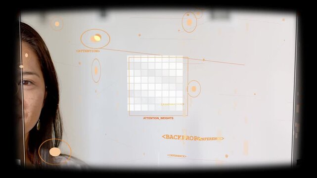 Woman holding left profile, on load HUD overlaying face, moving attention grid, revealing ML log