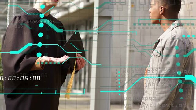 Grad holding cap, speaking and reaching, peer shaking hands, HUD overlaying celebrating graduation