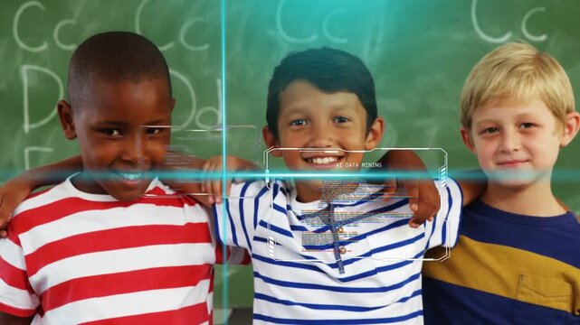 Three boys posing in school HUD appearing, scanning faces with tracking boxes framing torsos for ID