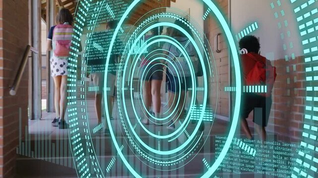 Students entering through pulsing teal rings at left stair toward door, pairing, adjusting headset