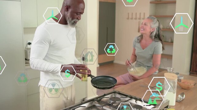 Man pouring oil and adjusting burner while woman mixing batter, eco hex icons showing green cooking