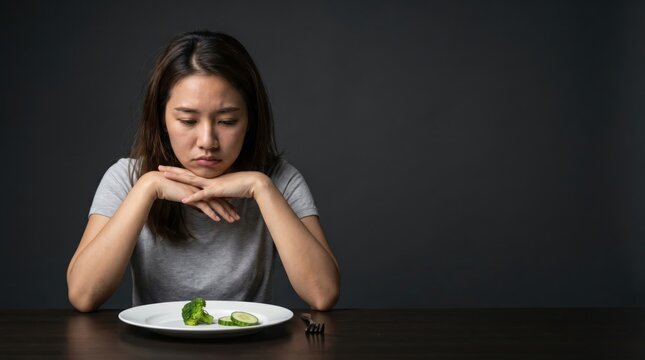 Unhappy Asian Woman Looking at Small Portion of Healthy Food.