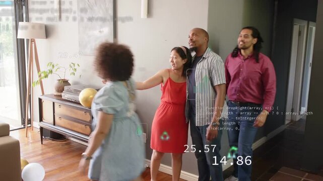 Group of four guests entering hallway and touring home, activating AR tech overlays with graphs