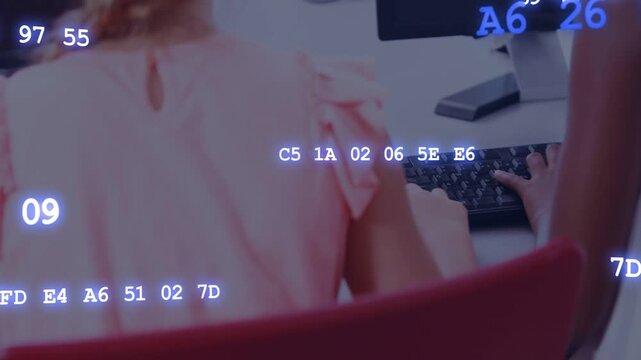 Camera panning right revealing students coding, typing on keyboards, hex codes floating over hands