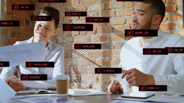 Left woman extending business charts, starting review while right man speaking, HUD covering table