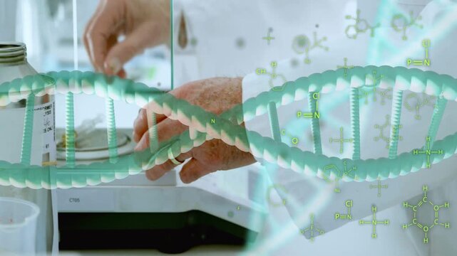 Drawing liquid syringe scientist hands placing vial on balance weighing accurately as DNA drifting