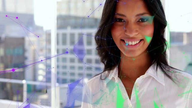 Woman smiling broadly after camera zoom and polygons thinning on balcony for tech marketing