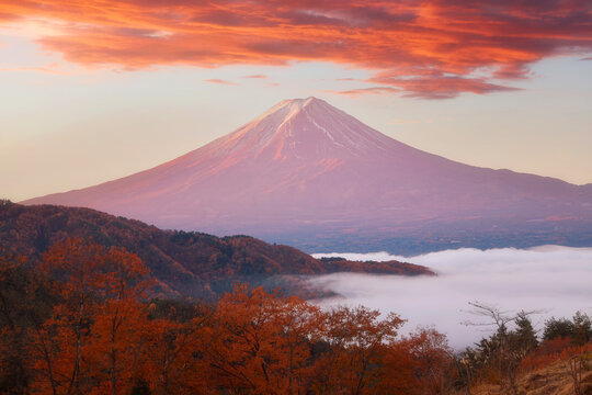 Fuji autumn season on during sunrise