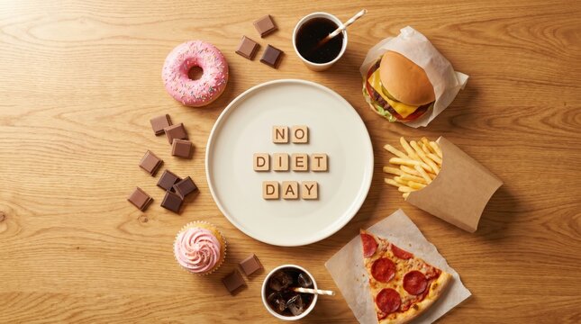Unhealthy Food Assortment with No Diet Day Message on Plate.