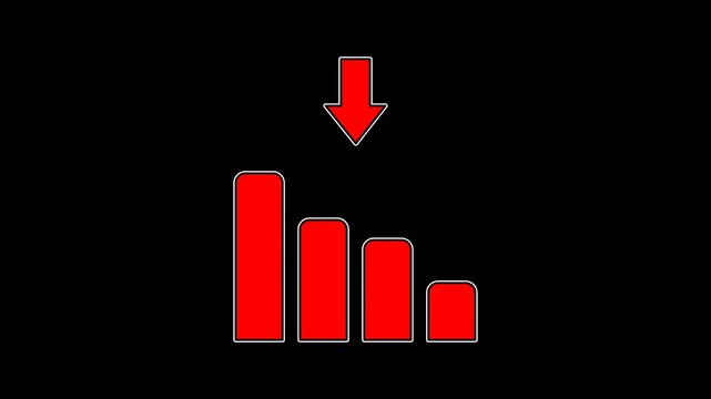 Seamless looping red bar chart animation with a downward arrow moving up and down. Business loss and stock market crash motion graphic on a transparent alpha channel for financial themes
