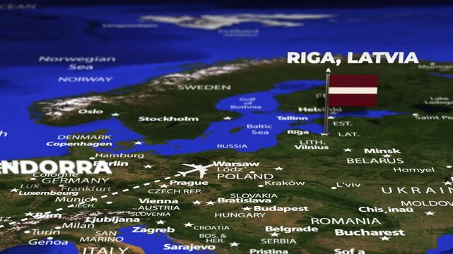 Flight From Andorra la Vella ANDORRA Riga LATVIA with flag pins