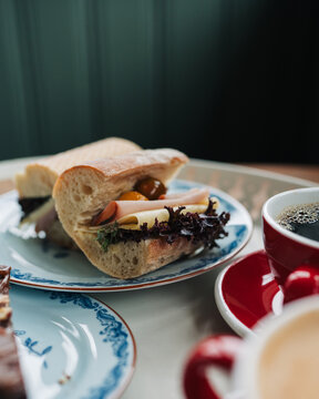 homemade sandwich on sourdough bread on a cafe table