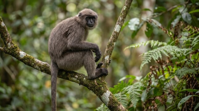  purple-faced langur monkey sitting on a tree branch 