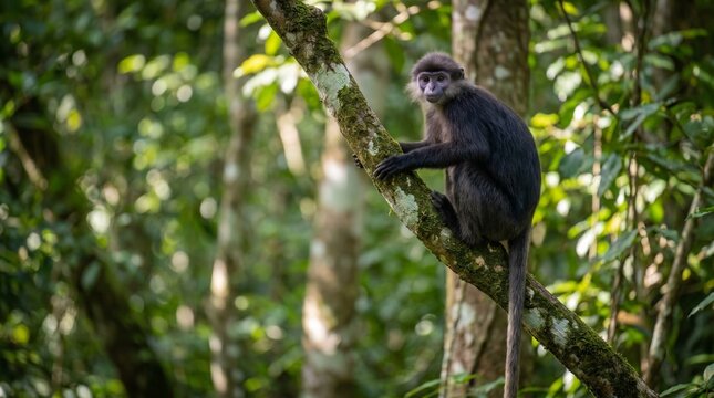  purple-faced langur monkey sitting on a tree branch 