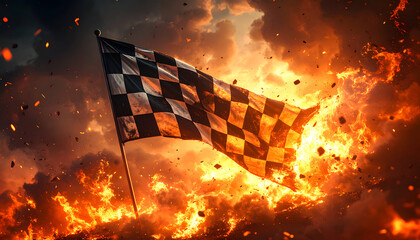 Fototapeta premium A dramatic image showcases a checkered racing flag waving against a backdrop of intense flames and fiery embers, symbolizing victory and high-stakes competition.