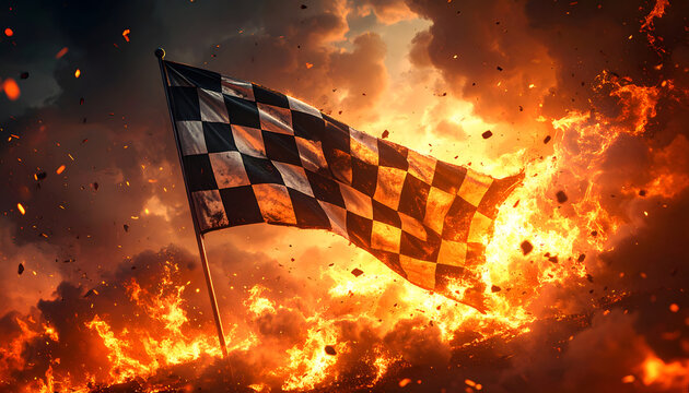 A dramatic image showcases a checkered racing flag waving against a backdrop of intense flames and fiery embers, symbolizing victory and high-stakes competition.