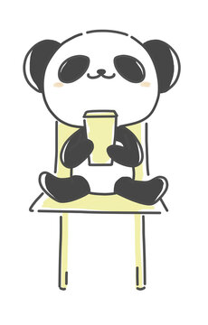 イスに座ってジュースを飲むパンダ