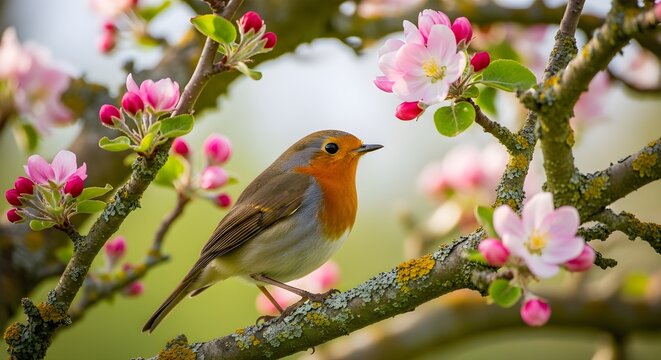 Little robin resting on a mossy tree branch framed by clusters of pink spring blossoms and buds, creating a gentle orchard scene that celebrates new growth, warm sunlight and the quiet charm of famili