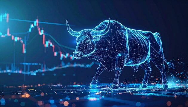 A digital wireframe bull representing a stock market trend with glowing financial trading chart data for investment and economic growth concepts.