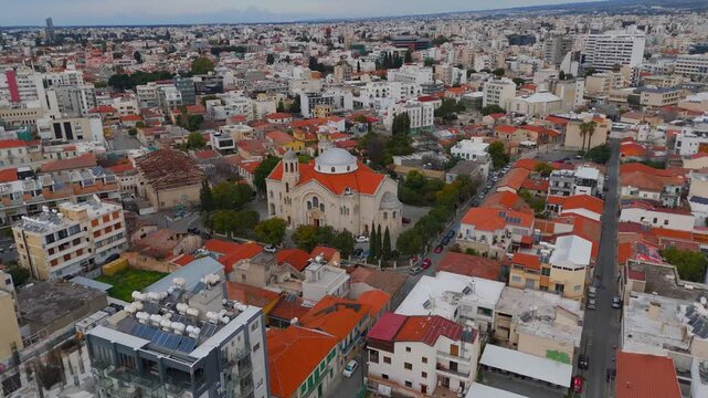 Aerial Drone Orbit of Holy Trinity Greek Orthodox Church Dome in Limassol Cyprus