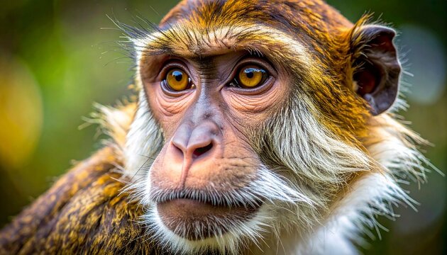 A stunning close up portrait of a wild monkey with piercing amber eyes captured in a lush forest habitat with soft natural background bokeh blur.