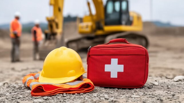Safety Equipment on Construction Site with Yellow Hard Hat, First Aid Kit, and Construction Machinery in the Background