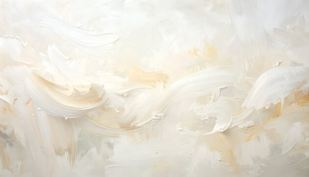 A contemporary abstract painting features swirling strokes of white, cream, and gold, creating a dynamic and textured composition reminiscent of flowing fabric or ethereal clouds.