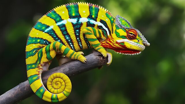 Vibrant Panther Chameleon Furcifer pardalis Perched on a Branch in Madagascar
