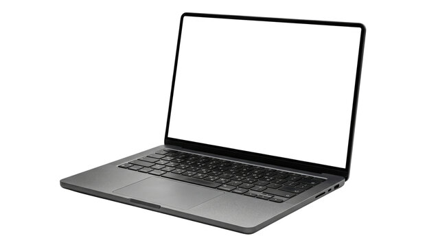 Modern silver laptop computer open with a blank screen displayed on transparent background with grid pattern and copy space for design elements and content creation applications business office