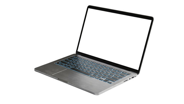 Sleek silver laptop in dynamic three quarter view with backlit keyboard and empty screen on transparent checkered background, perfect for tech websites and online platforms.