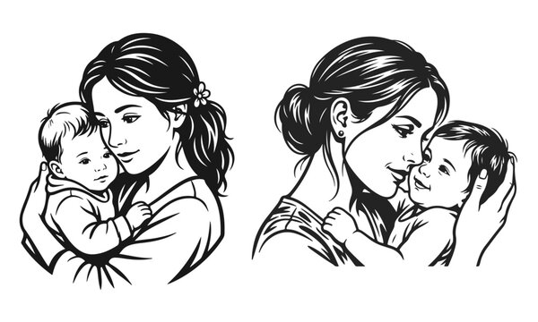 Mother holding baby in tender poses in line art style isolated on white. loving parent and child illustration. mother love, baby care, family bond, maternal affection, parenting concept