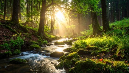 Fototapeta premium Enchanting forest landscape with a tranquil stream flowing through mossy rocks under the golden rays of a beautiful sunrise in the woodland.