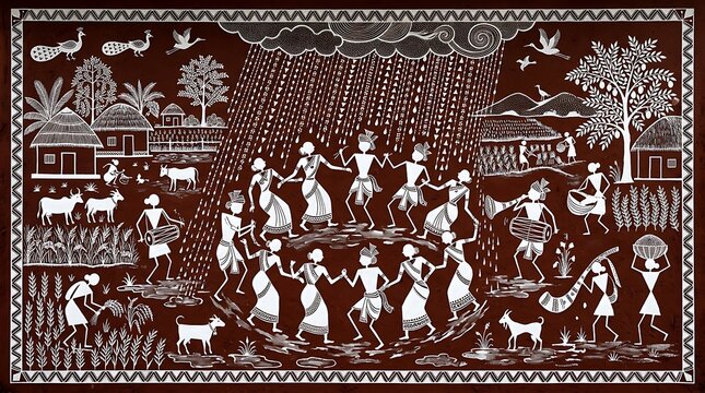 Traditional Indian Monsoon Festival Warli Style Dance Illustration, Monsoon harvest illustration, Warli rain dance art, Indian tribal monsoon