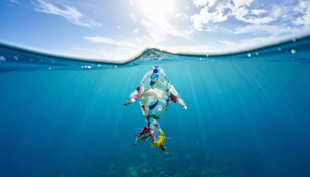 A conceptual image of a fish silhouette made from plastic trash floating in the clear blue ocean representing marine plastic pollution crisis.