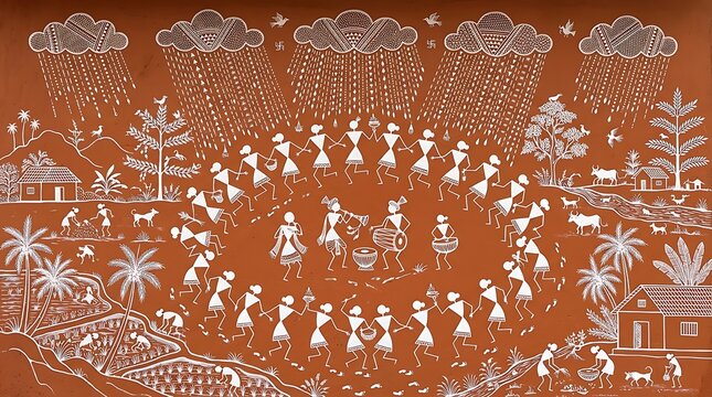 Monsoon Season Concept Minimalist Warli Art of Harvest Dance, Monsoon harvest illustration, Warli rain dance art, Indian tribal monsoon
