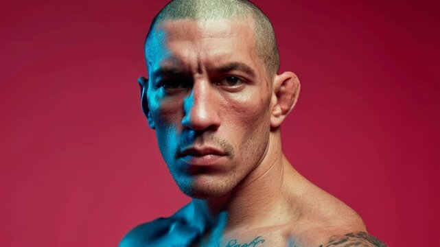 Intense male fighter portrait with dramatic blue lighting against a red backdrop. Close-up of a determined male fighter's face, showcasing his intense gaze and muscular physique